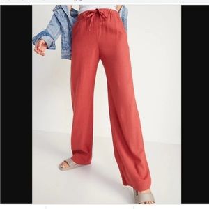High-Waisted Wide-Leg Linen-Blend Pants, draw string 4p
